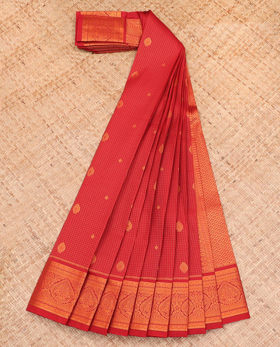 Red Budget Silk Saree, Entralled with Zari Buttas and Checks All Over Its Body, Highlighted by a Traditional Zari Design Border, Jaal-Patterned Pallu, and Paired with a Matching Blouse