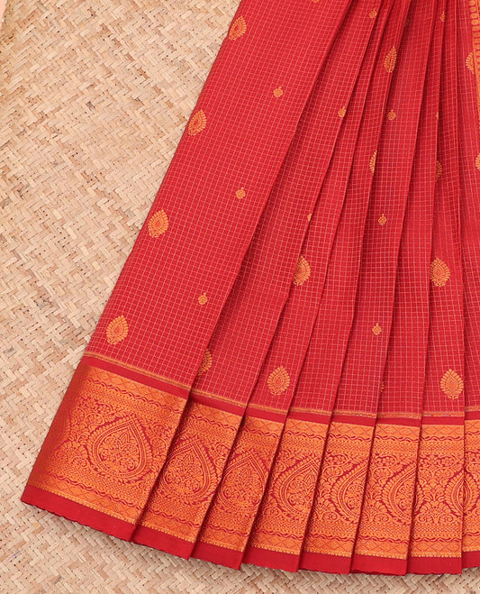 Red Budget Silk Saree, Entralled with Zari Buttas and Checks All Over Its Body, Highlighted by a Traditional Zari Design Border, Jaal-Patterned Pallu, and Paired with a Matching Blouse
