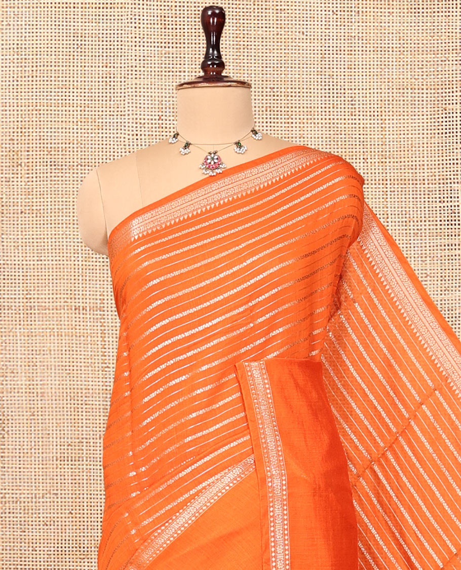 Orange Assam Silk Saree, Ornamented with Zari Stripes, Highlighted by a Traditional Border, Zari Striped Pallu, and a Matching Blouse