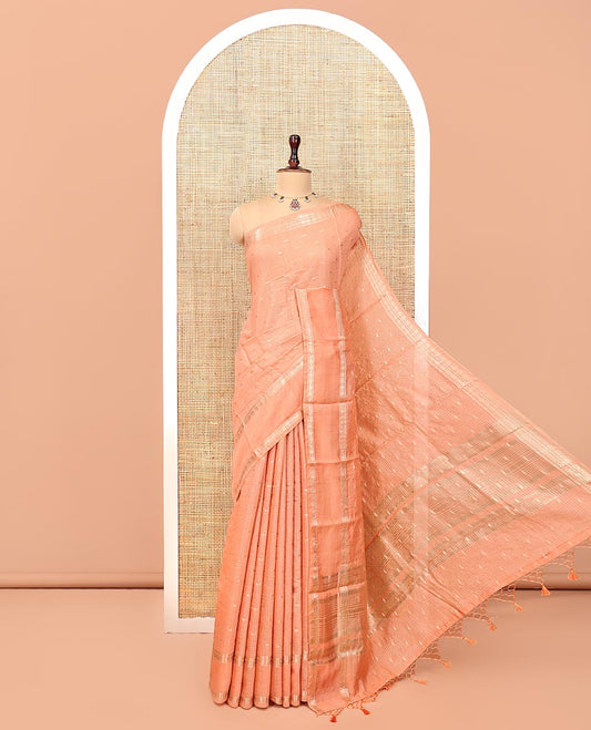 Peach Assam Silk Saree, Detailed with Buttas and Stripes, Traditional Zari Border, Zari-Design Pallu, and a Contrast Blouse