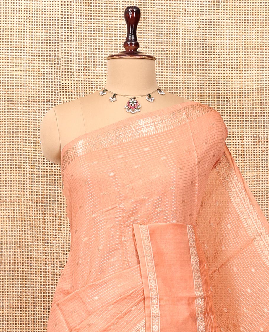 Peach Assam Silk Saree, Detailed with Buttas and Stripes, Traditional Zari Border, Zari-Design Pallu, and a Contrast Blouse