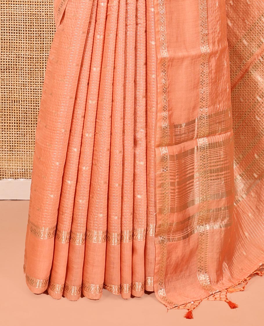 Peach Assam Silk Saree, Detailed with Buttas and Stripes, Traditional Zari Border, Zari-Design Pallu, and a Contrast Blouse