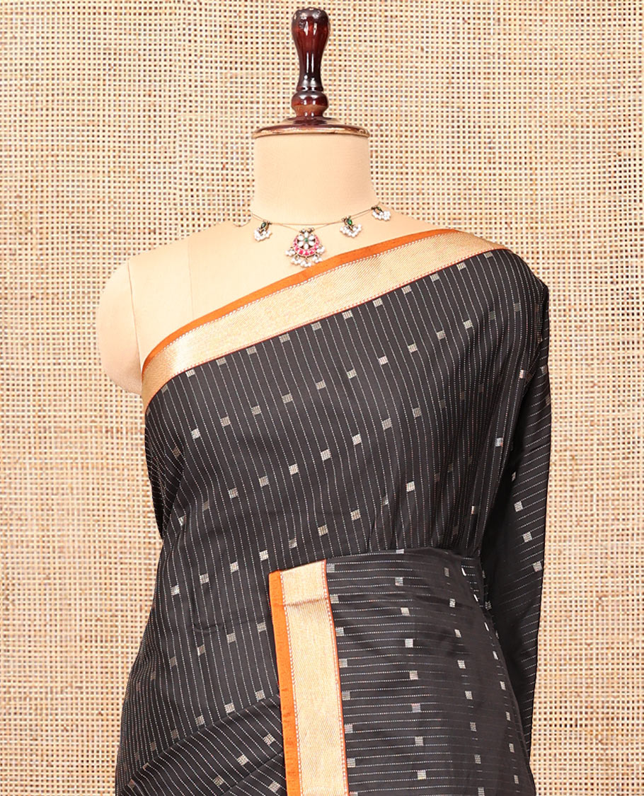 Black Budget Silk Saree, Detailed with Stripes  and Buttas, Contrast Traditional Zari Border, Self-Pallu, and a Matching Blouse