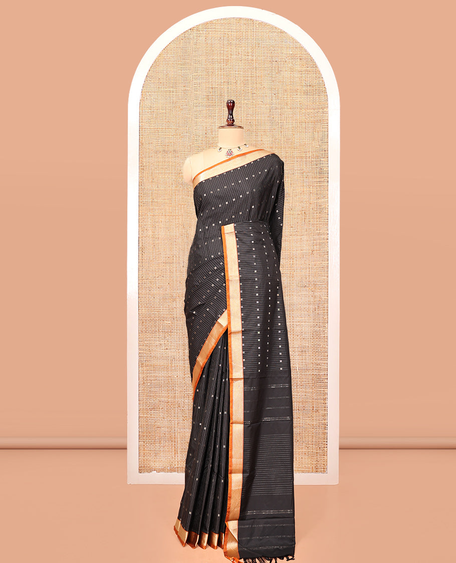 Black Budget Silk Saree, Detailed with Stripes  and Buttas, Contrast Traditional Zari Border, Self-Pallu, and a Matching Blouse