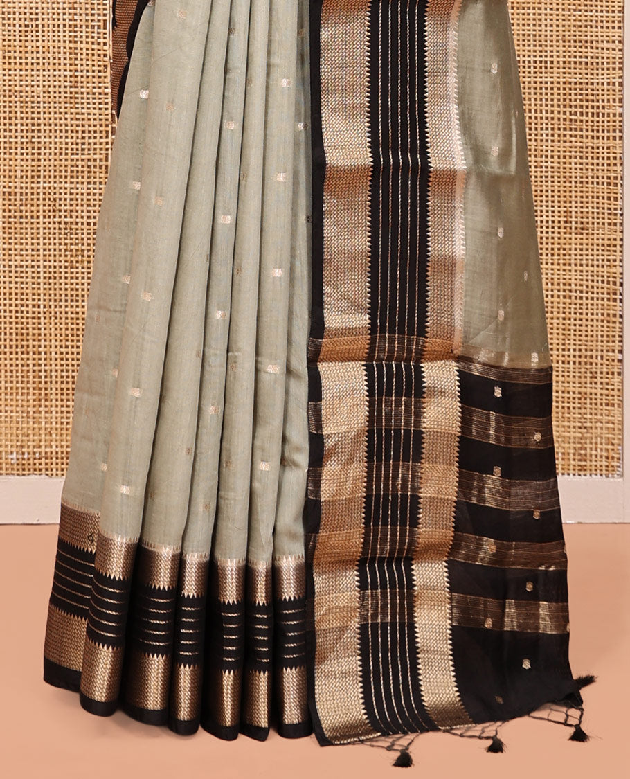 Light Grey Assam Silk Saree, Sparsely Woven with Zari Buttas, Complemented by a Contrast Traditional Zari Border, Zari Design Pallu, and a Contrast Blouse