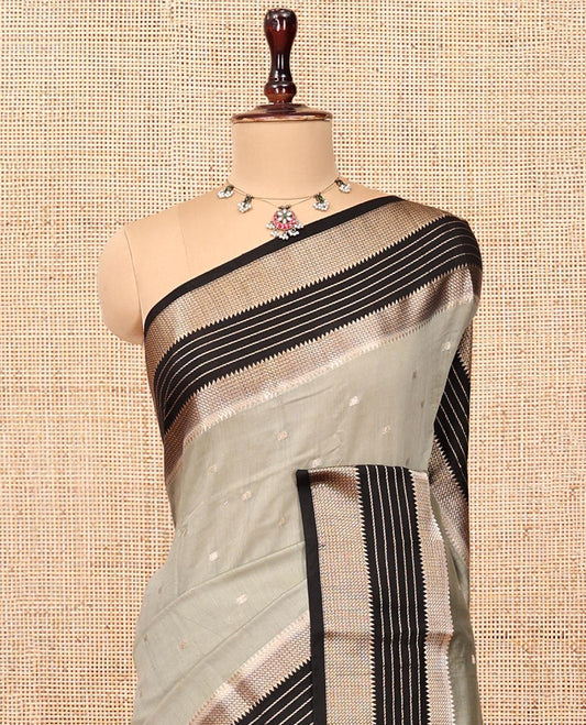 Light Grey Assam Silk Saree, Sparsely Woven with Zari Buttas, Complemented by a Contrast Traditional Zari Border, Zari Design Pallu, and a Contrast Blouse