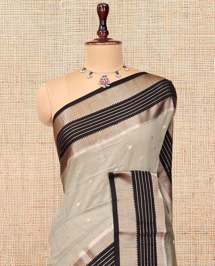 Light Grey Assam Silk Saree, Sparsely Woven with Zari Buttas, Complemented by a Contrast Traditional Zari Border, Zari Design Pallu, and a Contrast Blouse