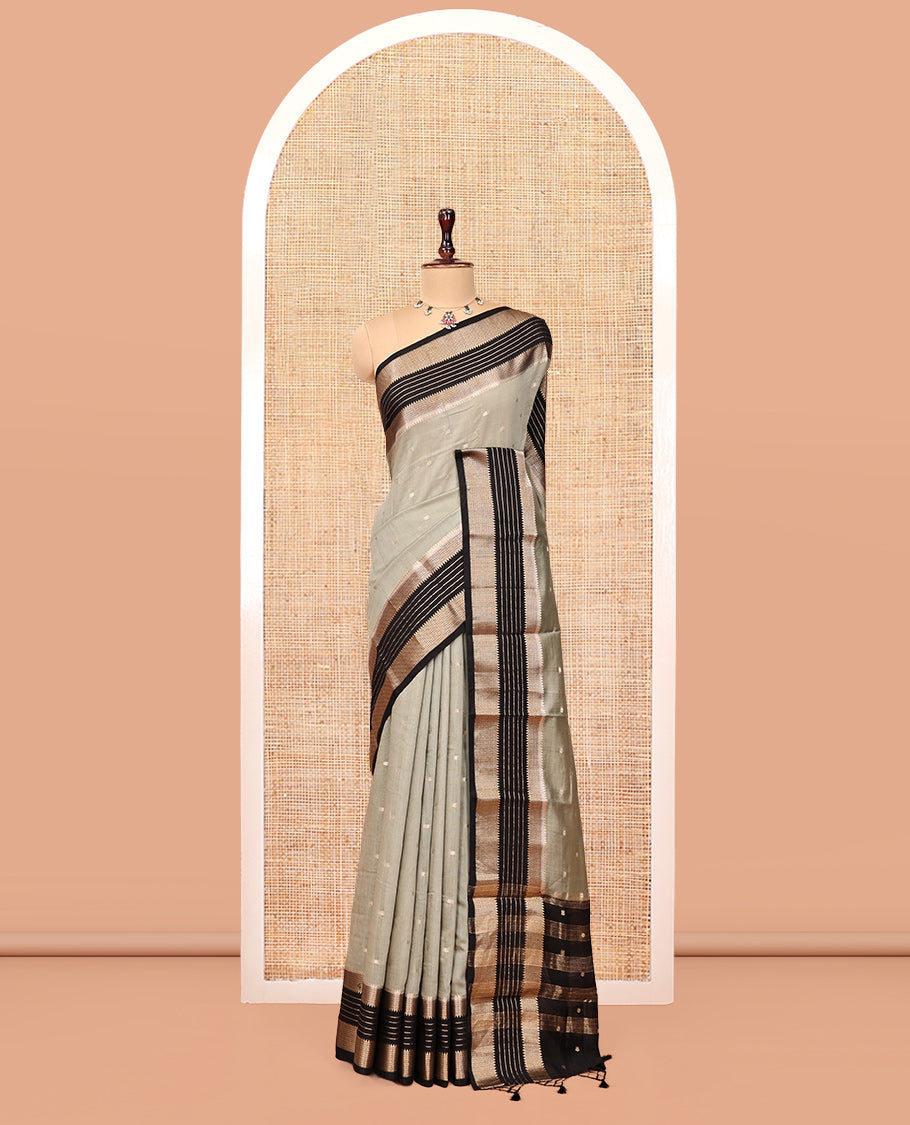 Light Grey Assam Silk Saree, Sparsely Woven with Zari Buttas, Complemented by a Contrast Traditional Zari Border, Zari Design Pallu, and a Contrast Blouse
