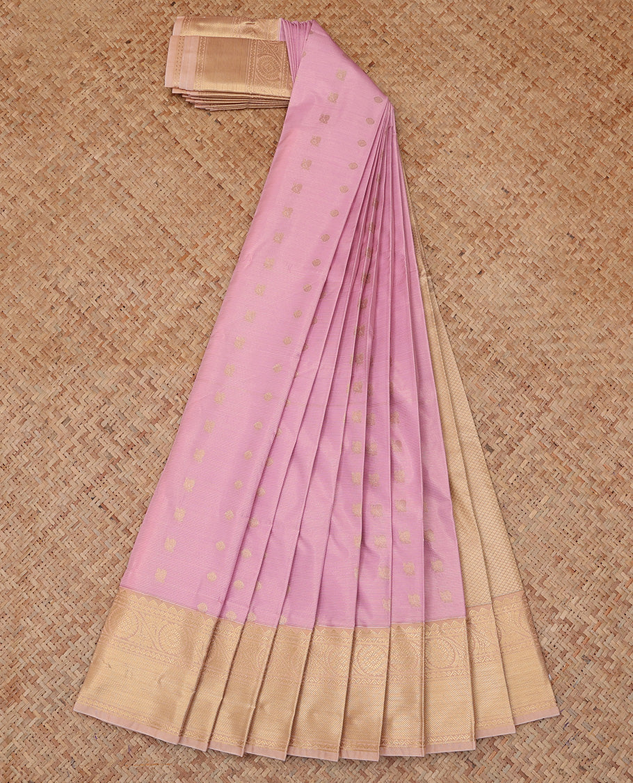 Pink Budget Silk Saree, Sparsely Threaded with Zari Buttas and Stripes, a Contrast Traditional Zari Border, Grand Pallu, and a Contrast Blouse