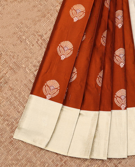 Rust Budget Silk Saree, Ornamented with Zari Buttas, Complemented by a Contrast Traditional Border, Sparsely Woven Pallu, and a Contrast Blouse