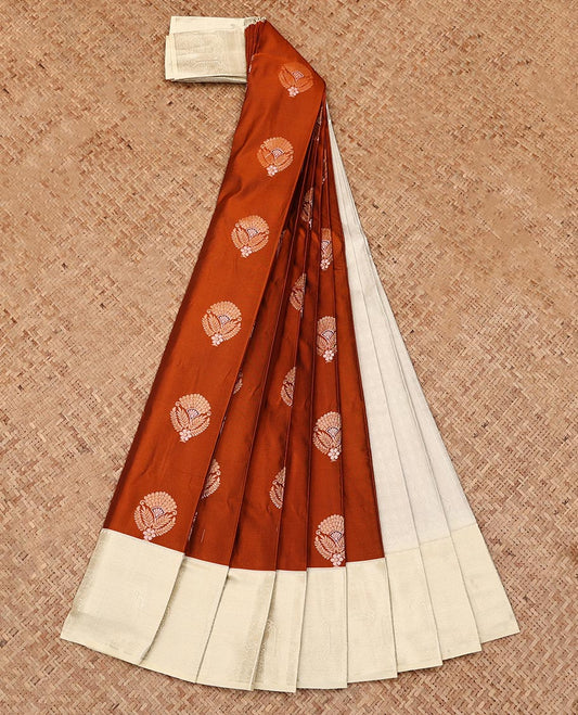 Rust Budget Silk Saree, Ornamented with Zari Buttas, Complemented by a Contrast Traditional Border, Sparsely Woven Pallu, and a Contrast Blouse