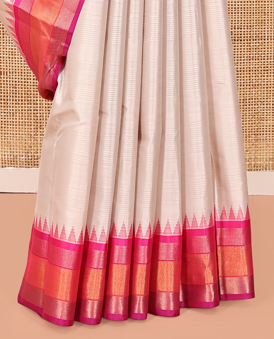 Beige-Striped Bangalore Silk Saree, Complemented by a Contrast Temple Ganga-Jamuna Border, Pallu of Temple and Neli Designs, and a Contrast Blouse