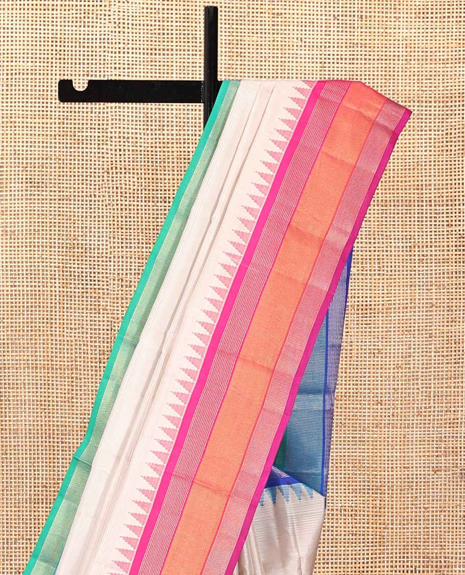 Beige-Striped Bangalore Silk Saree, Complemented by a Contrast Temple Ganga-Jamuna Border, Pallu of Temple and Neli Designs, and a Contrast Blouse