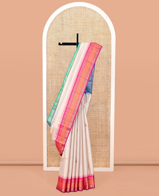 Beige-Striped Bangalore Silk Saree, Complemented by a Contrast Temple Ganga-Jamuna Border, Pallu of Temple and Neli Designs, and a Contrast Blouse