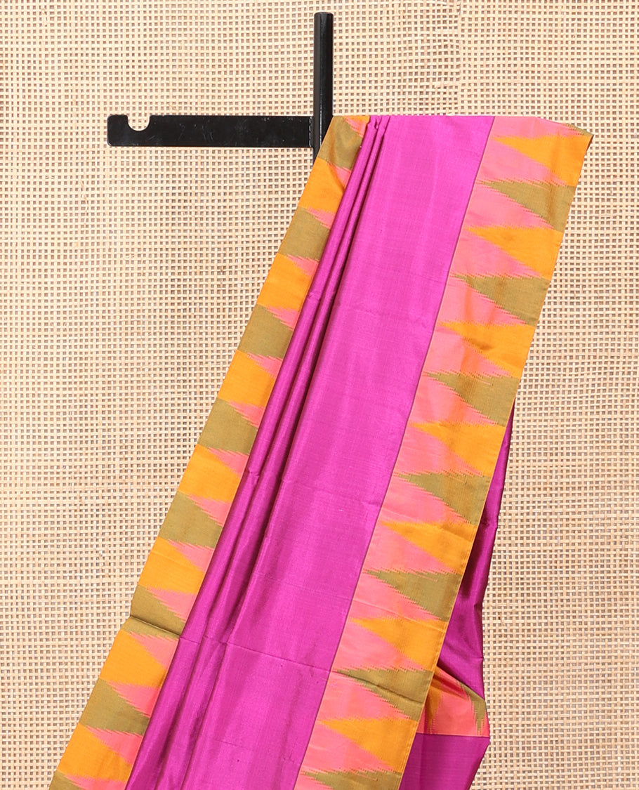 Magenta Pink Plain Bangalore Silk Saree, a Complemented by a Contrast Temple Border, Striped Pallu, and a Contrast Blouse
