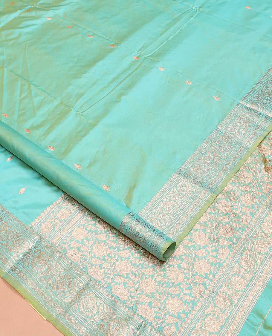 Turquoise buttas kathan silk saree, floral creeper border, and Mughal-style floral jaal pallu