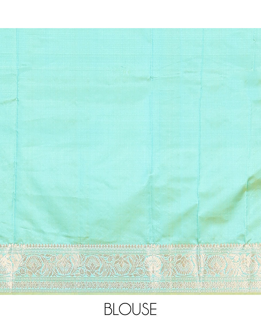 Turquoise buttas kathan silk saree, floral creeper border, and Mughal-style floral jaal pallu