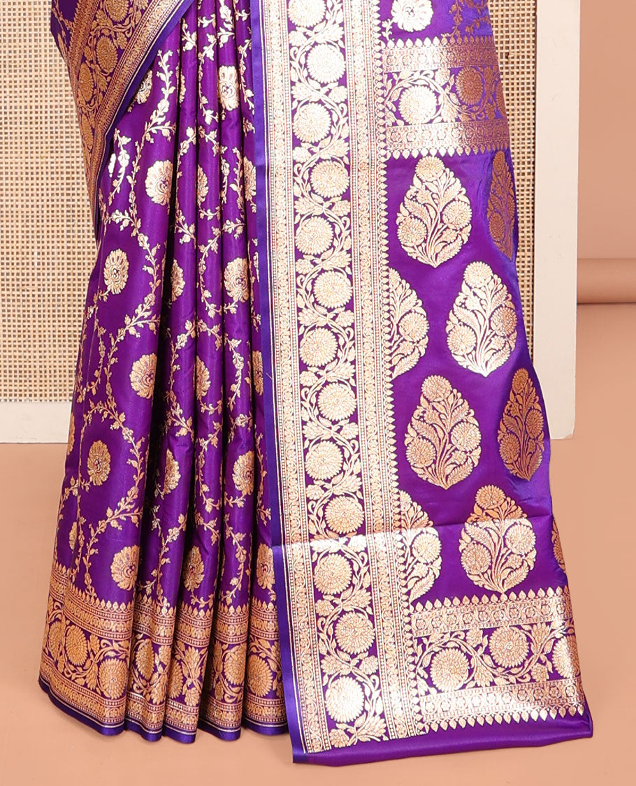 Violet Banarasi Nylon Saree, Prettified with Jaal Jacquard, Floral Creeper Zari Border, Intricate Pallu, and a Matching Blouse