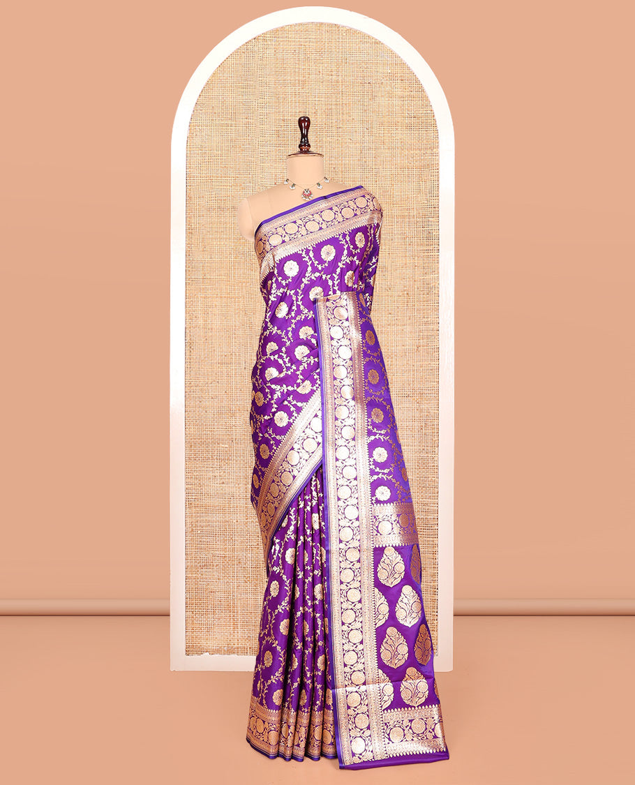 Violet Banarasi Nylon Saree, Prettified with Jaal Jacquard, Floral Creeper Zari Border, Intricate Pallu, and a Matching Blouse