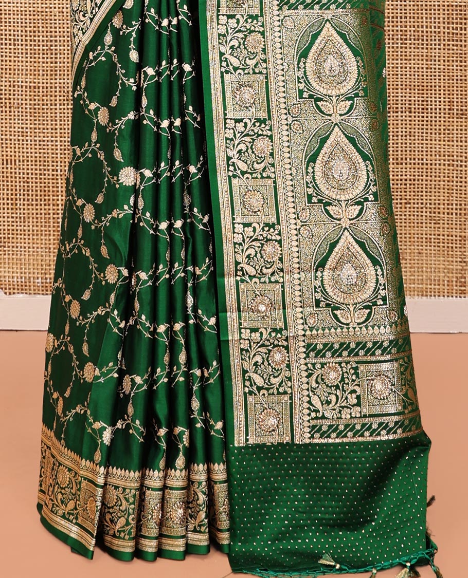 Green Banarasi Satin Saree, Enriched with Floral Jaal Jacquard, a Self-Border, Intricate Stonework Pallu, and a Matching Blouse
