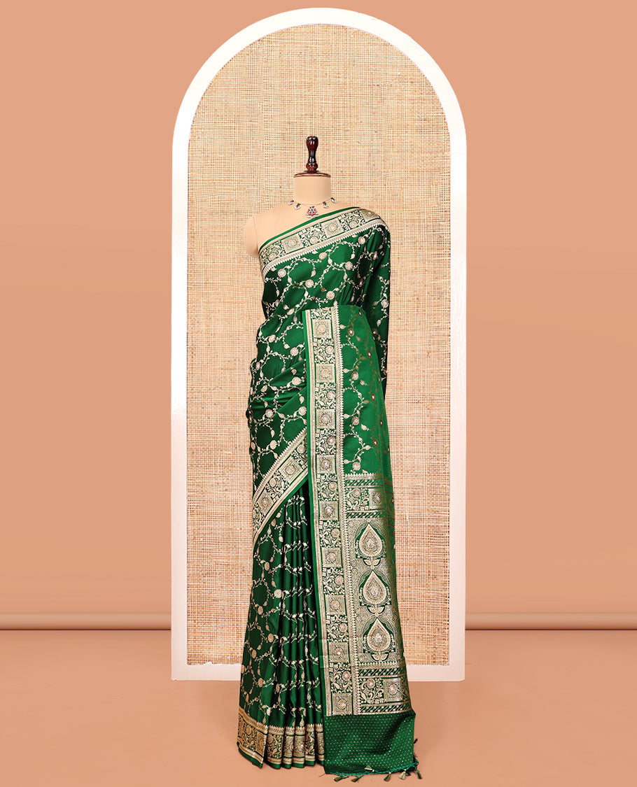 Green Banarasi Satin Saree, Enriched with Floral Jaal Jacquard, a Self-Border, Intricate Stonework Pallu, and a Matching Blouse