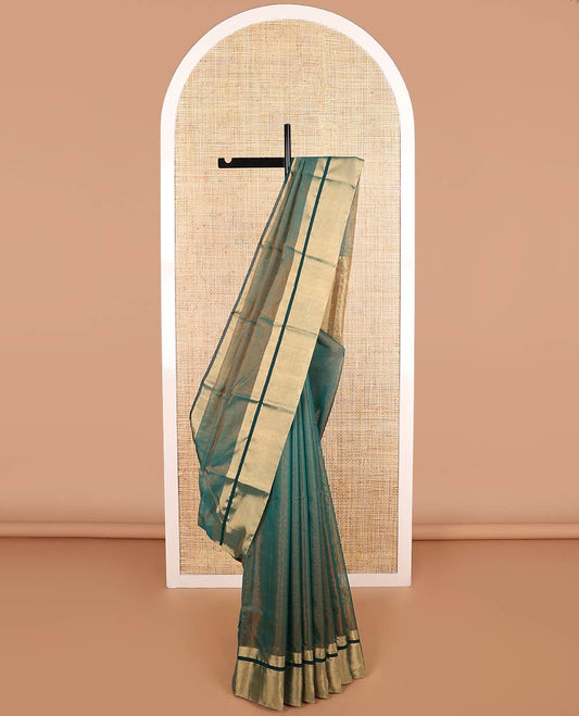 Green chanderi cotton saree with contrast border & striped pallu
