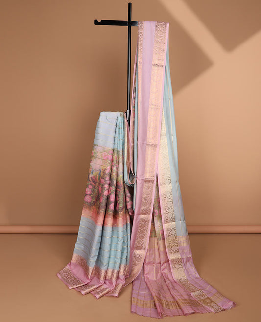 Multi-color floral printed & zari design semi-banaras crepe saree, floral creeper border & zari checked pallu