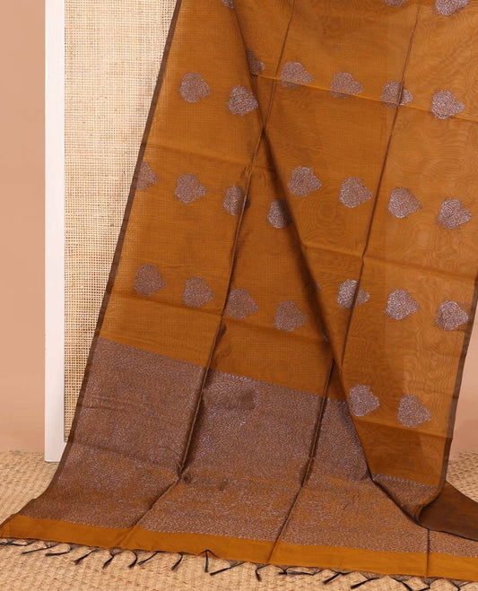 Borderless mustard zari buttas semi silk cotton saree, zari-rich intricately designed pallu