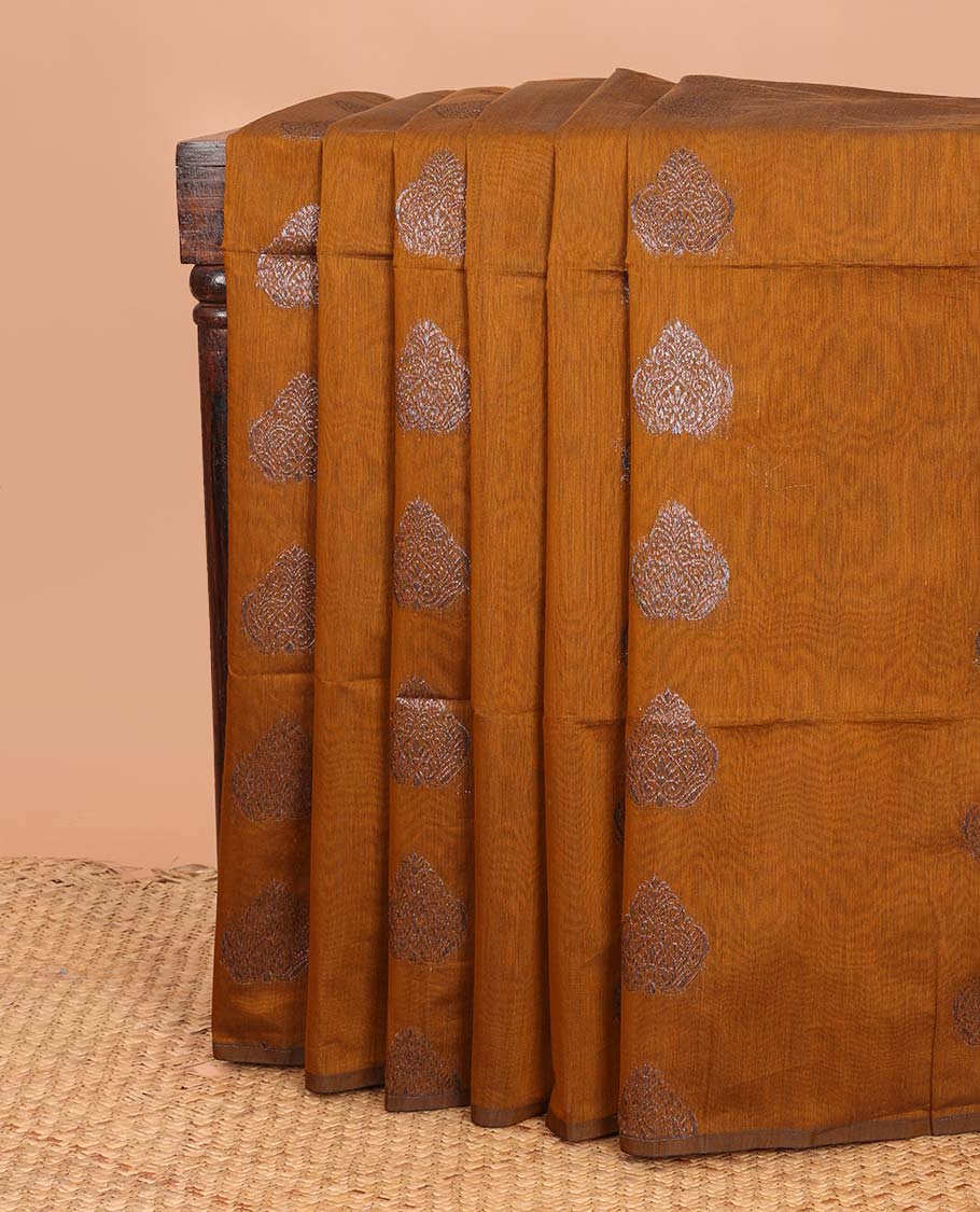 Borderless mustard zari buttas semi silk cotton saree, zari-rich intricately designed pallu