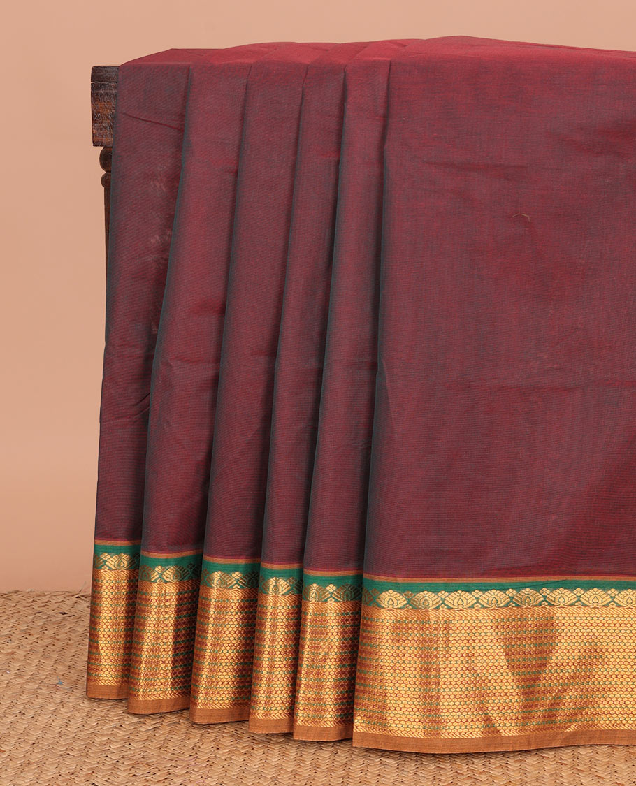 Maroon plain Venkatagiri cotton saree, contrast traditional zari border, and zari striped pallu