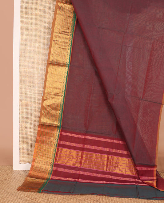 Maroon plain Venkatagiri cotton saree, contrast traditional zari border, and zari striped pallu
