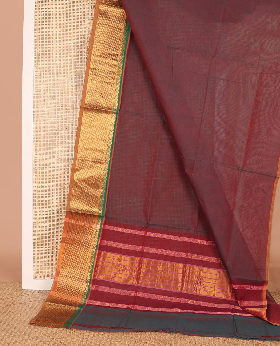 Maroon plain Venkatagiri cotton saree, contrast traditional zari border, and zari striped pallu