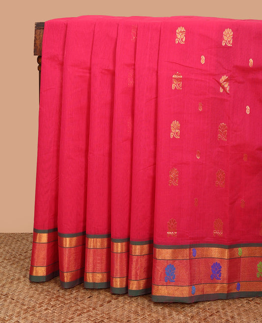 Pink zari buttas Venkatagiri cotton saree, contrast thread floral motifs border, and pallu of zari stripes