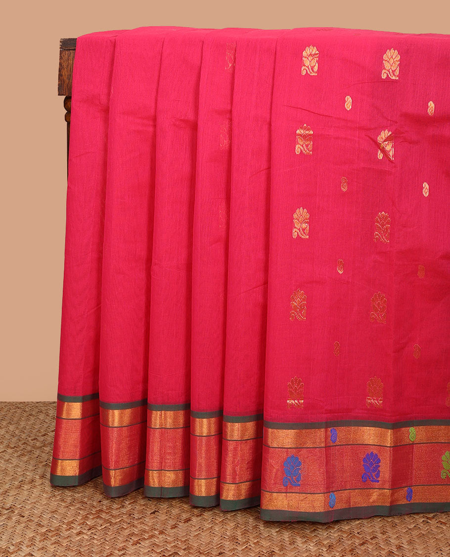 Pink zari buttas Venkatagiri cotton saree, contrast thread floral motifs border, and pallu of zari stripes