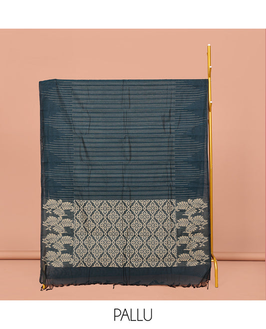 Blue Kanchi Cotton Saree, Adorned with Stripes All Over Its Body, Subtly Sparkled With Temple Border, Jaal Patterned Pallu and Paired with a Matching Blouse