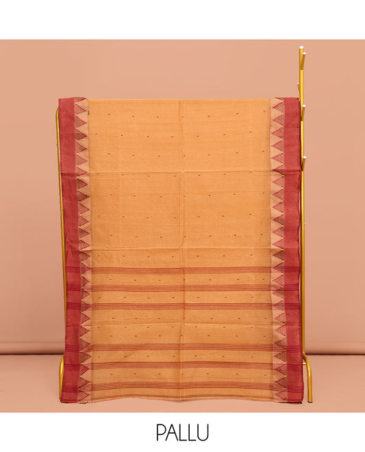 Sandal Bengal Cotton Saree, Sparsely Woven with Thread Buttas All Over Its Body, Complemented by a Contrast Temple Border, Pallu of Stripes and Buttas, and Paired with a Matching Blouse