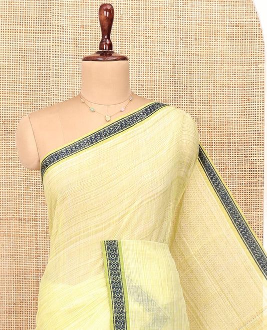 Yellow Andhra Cotton Saree, Sparsely Textured Heathered Patterns All Over Its Body, Complemented by Contrast Thread Border, Pallu Steeped with Stripes, and Paired with a Matching Blouse