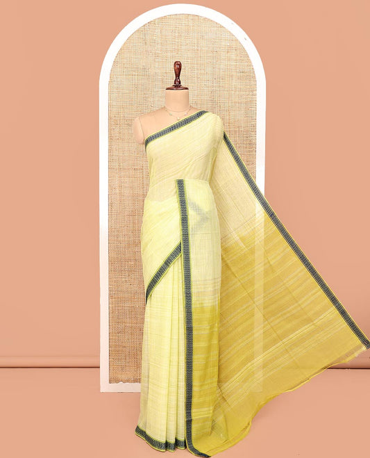 Yellow Andhra Cotton Saree, Sparsely Textured Heathered Patterns All Over Its Body, Complemented by Contrast Thread Border, Pallu Steeped with Stripes, and Paired with a Matching Blouse