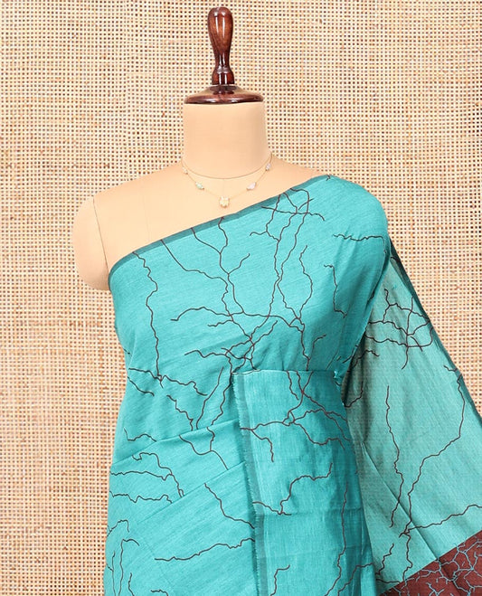 Borderless Blue Poly Cotton Saree, Creatively Printed Like Lightning Strikes, a Contrasting Lightning-Strike-Printed Pallu, and a Contrast Blouse