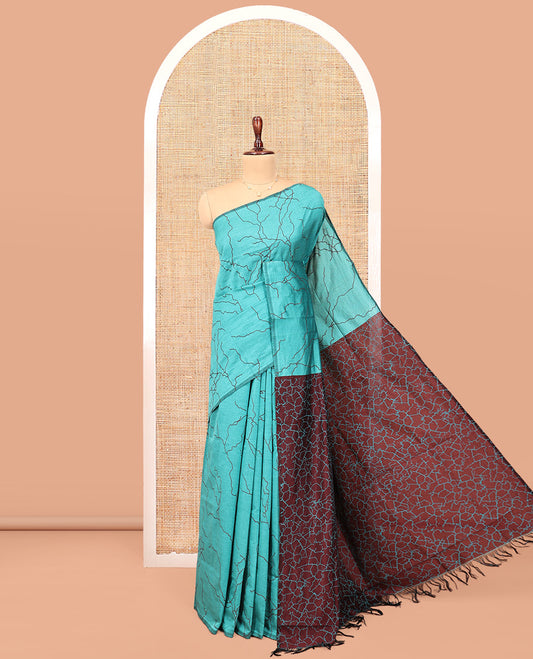 Borderless Blue Poly Cotton Saree, Creatively Printed Like Lightning Strikes, a Contrasting Lightning-Strike-Printed Pallu, and a Contrast Blouse