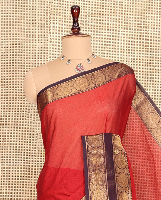 Rust Plain Chettinad Cotton Saree, Complemented by a Contrast Rettai Pettu Traditional Zari Border, Striped Pallu, and a Matching Blouse