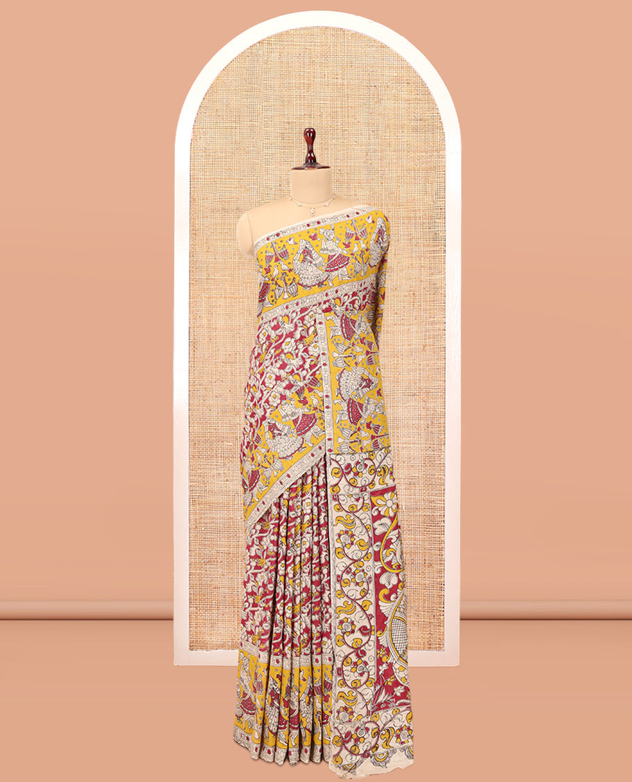 Red Kalamkari Cotton Saree, Adorned with Floral Vine Print, Contrast Printed Border, Kalamkari Peacock Motifs Pallu, and a Contrast Blouse