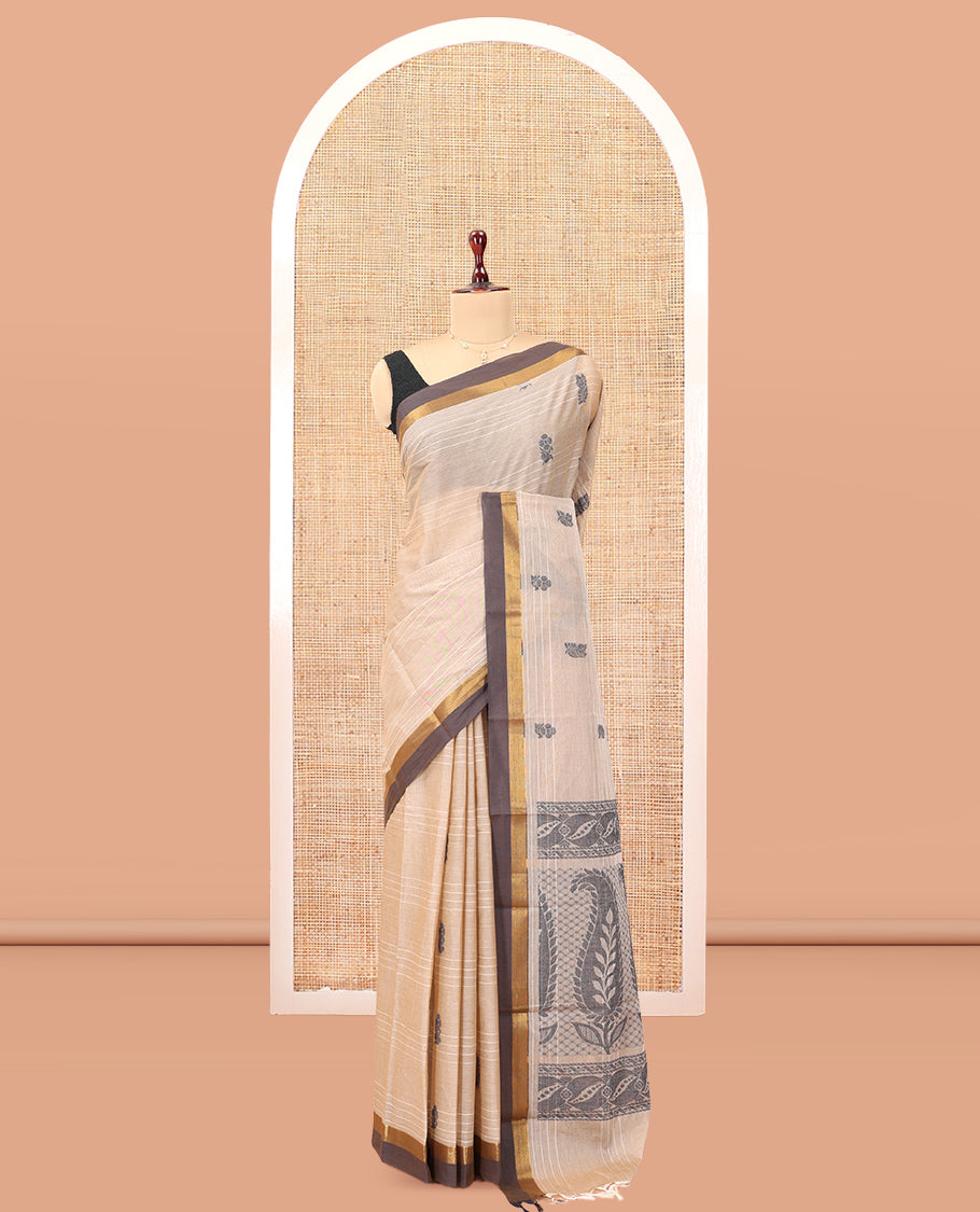 Light Sandal Kanchi Cotton Saree, Woven with Thread Buttas and Stripes, a Contrast Border, Intricate Pallu, and a Matching Blouse