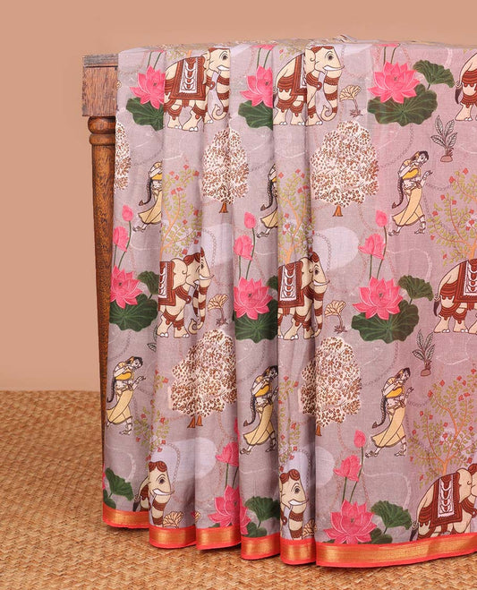 Multi-color forest theme, human figures design machine printed soft cotton with contrast zari border & village theme pallu