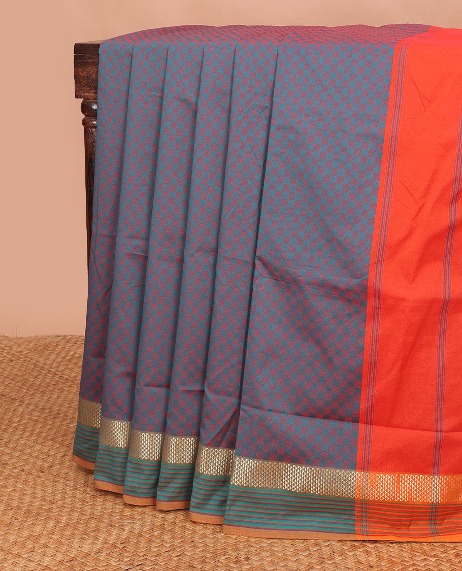 Multi-color checkered poly cotton saree with contrast zari design border & striped pallu