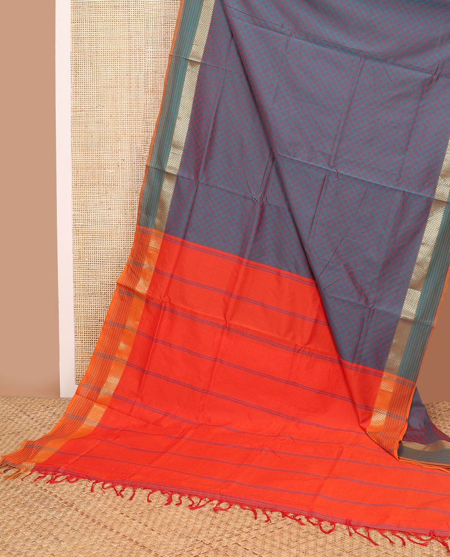 Multi-color checkered poly cotton saree with contrast zari design border & striped pallu