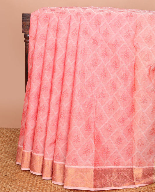 Pink floral butta enclosed jaal Coimbatore cotton saree, traditional zari design border & pallu of zari designs