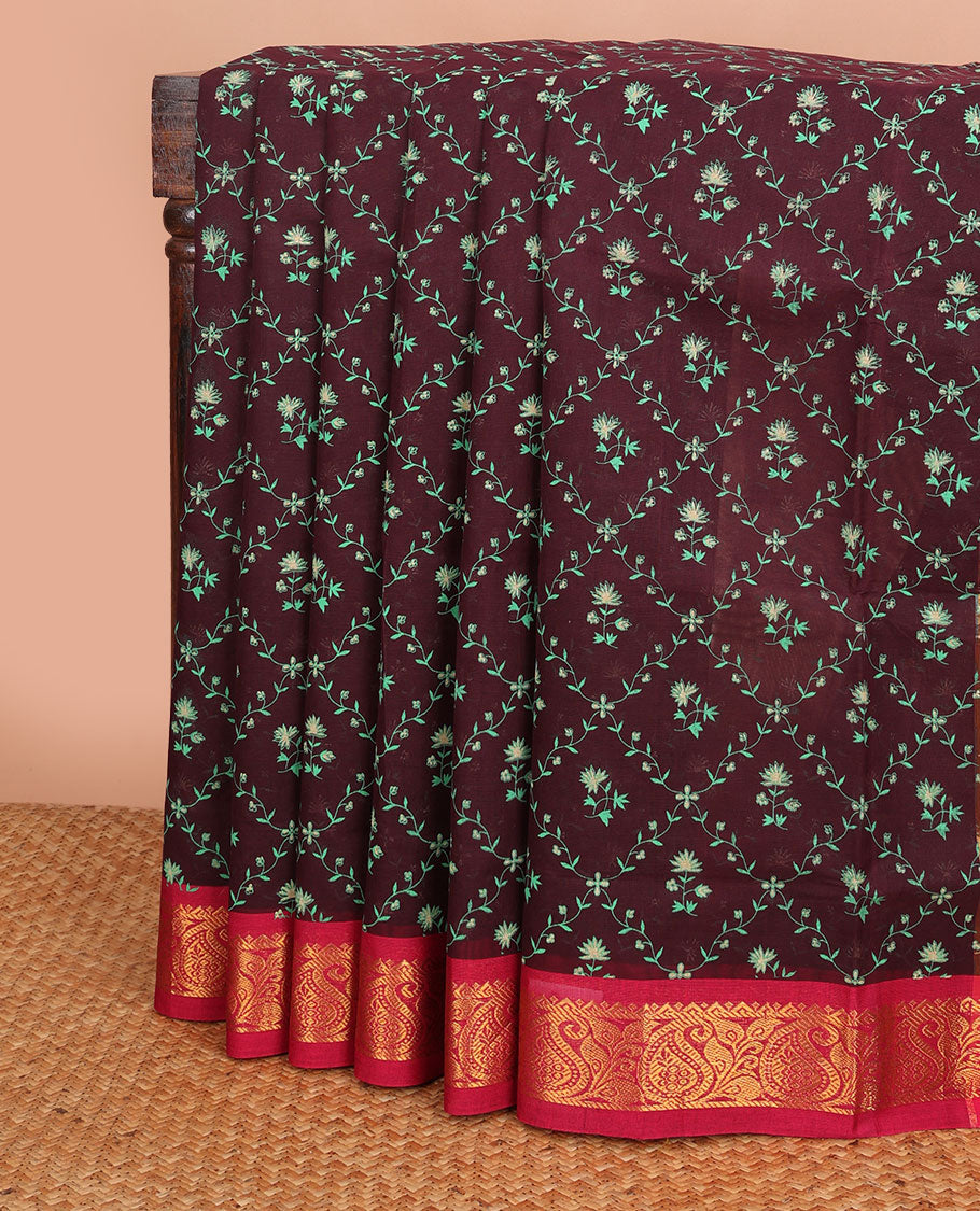 Maroon floral butta enclosed jaal printed Andhra cotton saree, contrast traditional zari border & pallu of peacock print & zari stripes