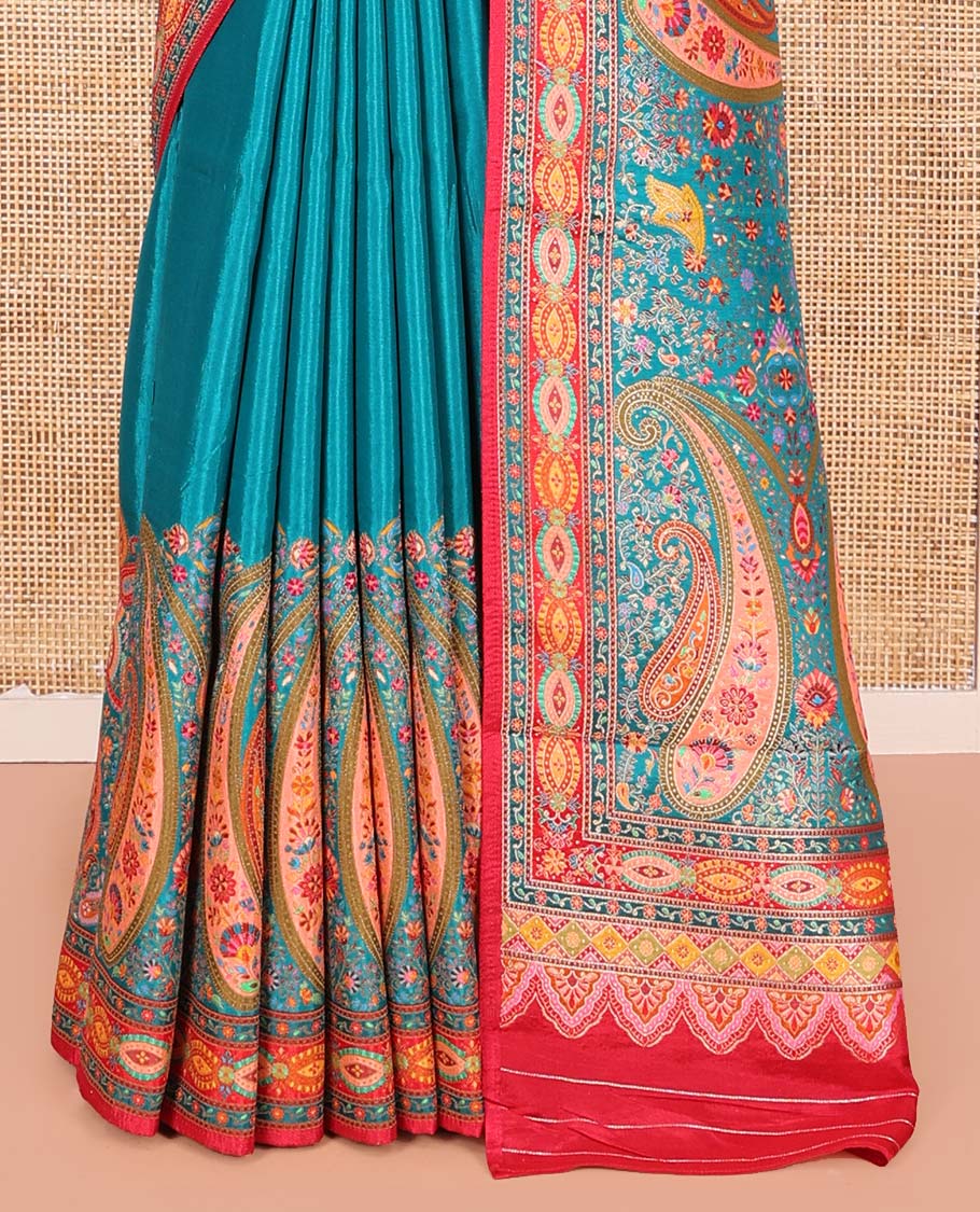 Blue Dola Silk Saree, Finely Crafted with Colorful Paisley Motifs Printed on Its Body, Complemented by Contrast-Printed Border, Pallu of Paisley Print, and Paired with a Contrast Blouse