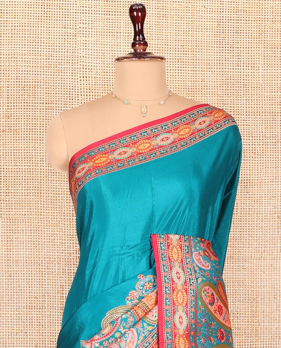 Blue Dola Silk Saree, Finely Crafted with Colorful Paisley Motifs Printed on Its Body, Complemented by Contrast-Printed Border, Pallu of Paisley Print, and Paired with a Contrast Blouse